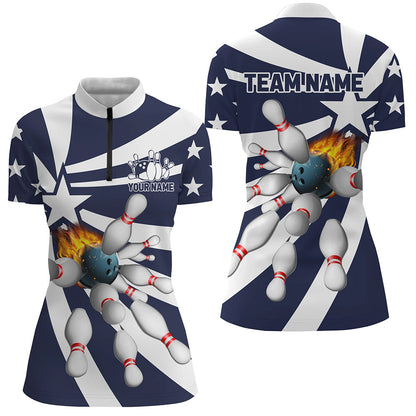 Blue and white Women polo, quarter zip bowling shirt Custom flame bowling star team league jerseys NQS7820