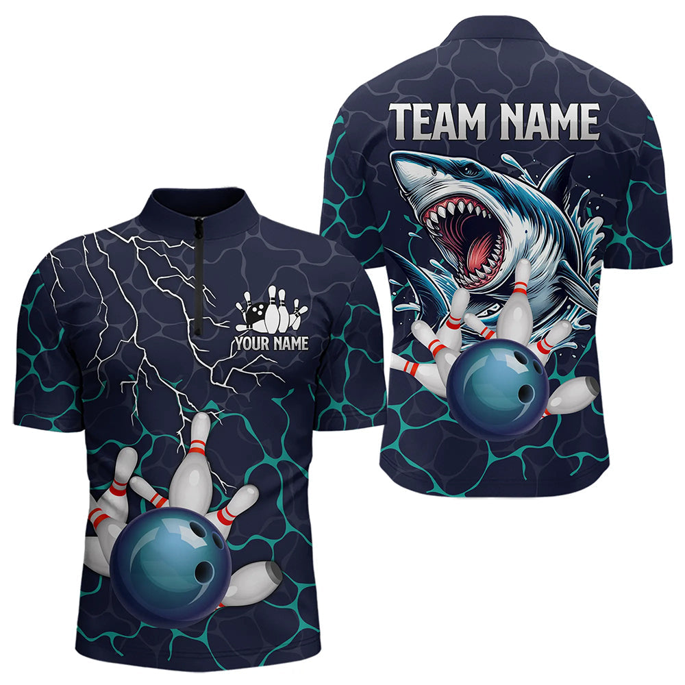 Blue Shark Camo Lightning Thunder Bowling Shirts For Men Custom Bowling Team Shirts, Gift For Bowler NQS9372