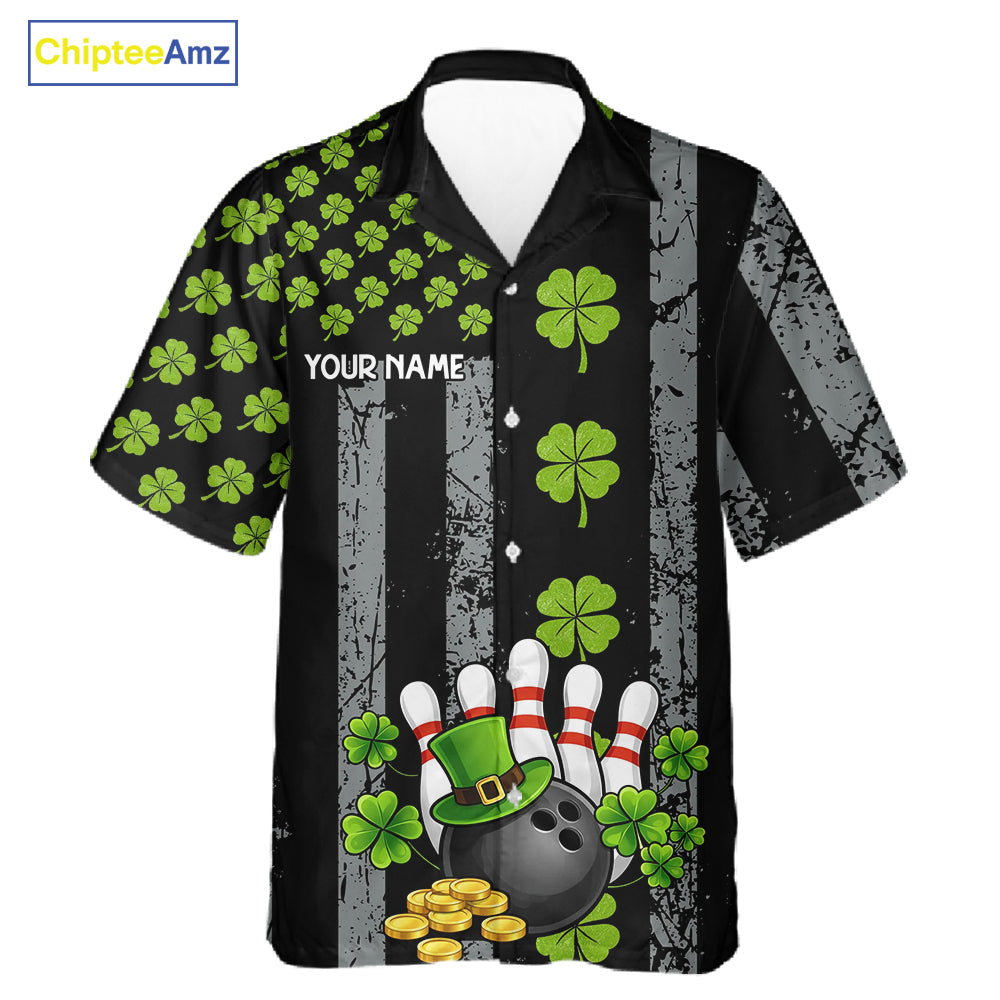Custom Grunge US Flag Green Shamrock St Patrick Bowling Hawaiian shirts, button up bowling shirts NQS11450