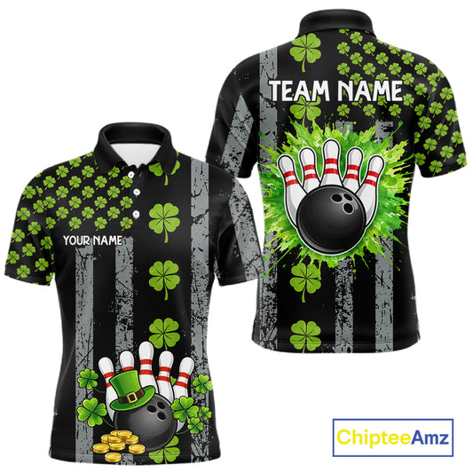 Custom Black Grunge US Flag Green Shamrock St Patrick Bowling polo shirts for men, bowling jersey men NQS11450