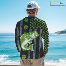 Load image into Gallery viewer, Custom Black Grunge US Flag Green Shamrock St Patrick Largemouth Bass Fishing Shirts, Bass Jerseys NQS11451