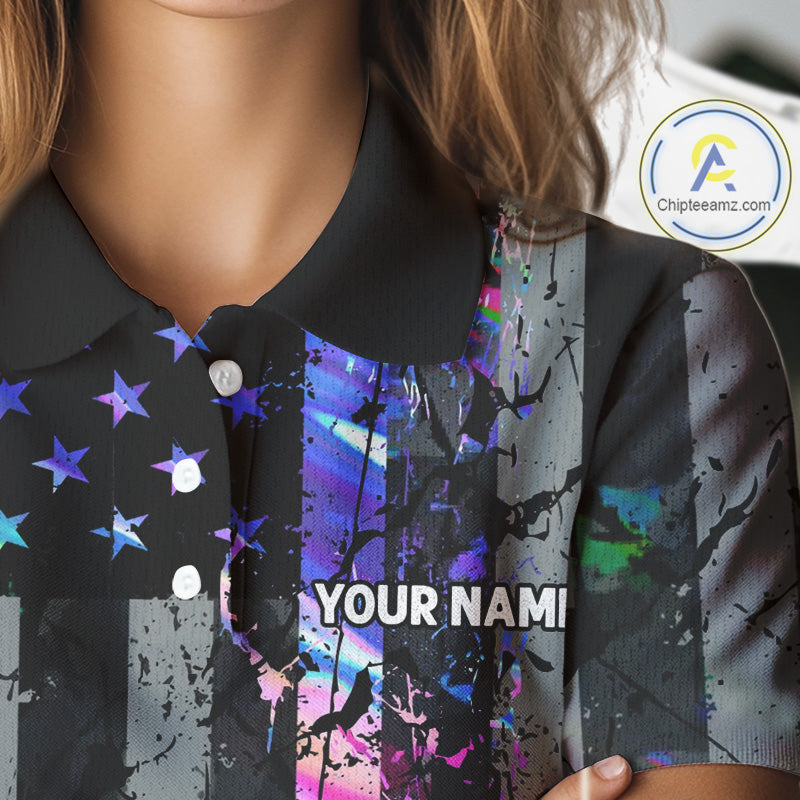 Black American Flag Hologram Womens golf polo shirts Custom patriotic ladies golf tops best golf gift NQS11640