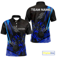 Load image into Gallery viewer, Black and Blue Flame Bowling Polo, Quarter Zip Shirts For Men Custom Bowling Outfit Team Jerseys NQS9962