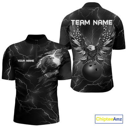 Black lightning thunder bowling American flag Eagle custom Mens Bowling Polo, Quarter Zip Shirts NQS10112