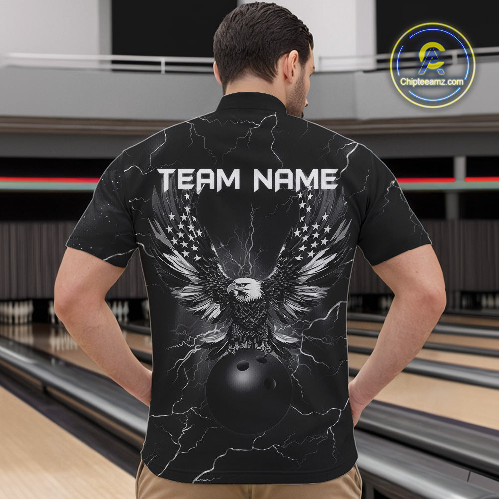 Black lightning thunder bowling American flag Eagle custom Mens Bowling Polo, Quarter Zip Shirts NQS10112