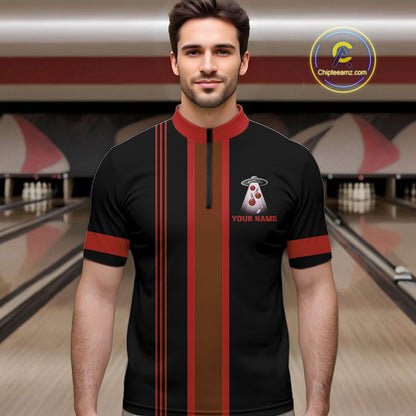 Black and Red ufo alien Retro Bowling Polo, Quarter Zip Shirts for men Custom Bowling Team Jersey NQS11463