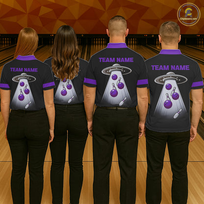 Black and Purple ufo alien Retro Bowling Polo, Quarter Zip Shirts for men Custom Bowling Team Jersey NQS11464