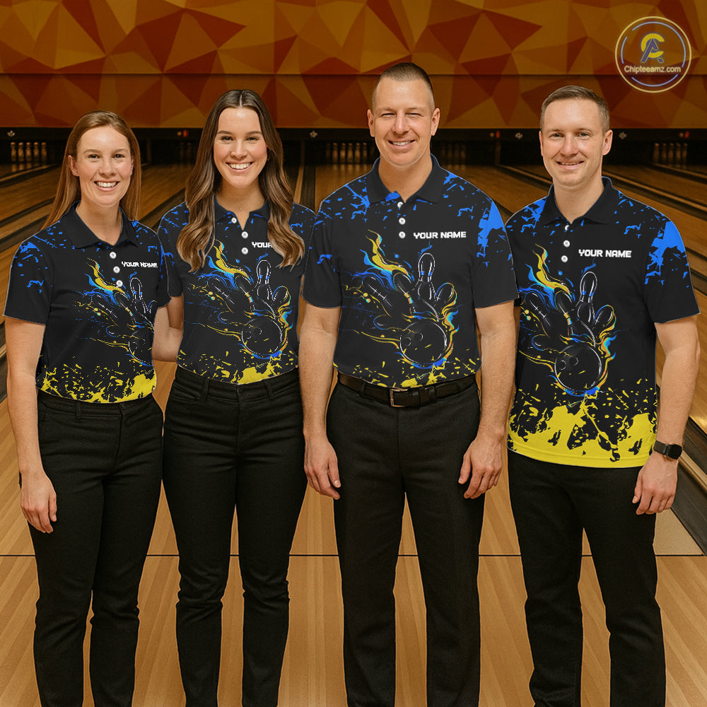 Personalized Black, Blue & Yellow Bowling Shirts For Women, Bowling Balls And Pins Bowling Team Shirt NQS11465
