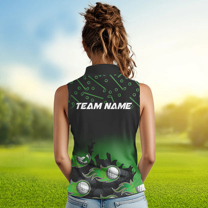 Black and Green Flame golf ball pattern Women sleeveless polo shirt Custom team golf attire for women NQS9524