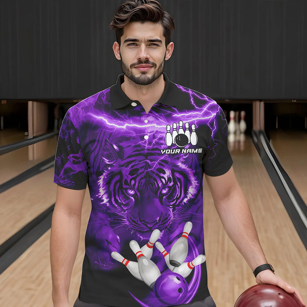 Personalized Purple Lightning Thunder Storm Tiger Bowling Shirts For Men Custom Bowling Team Jerseys NQS9684