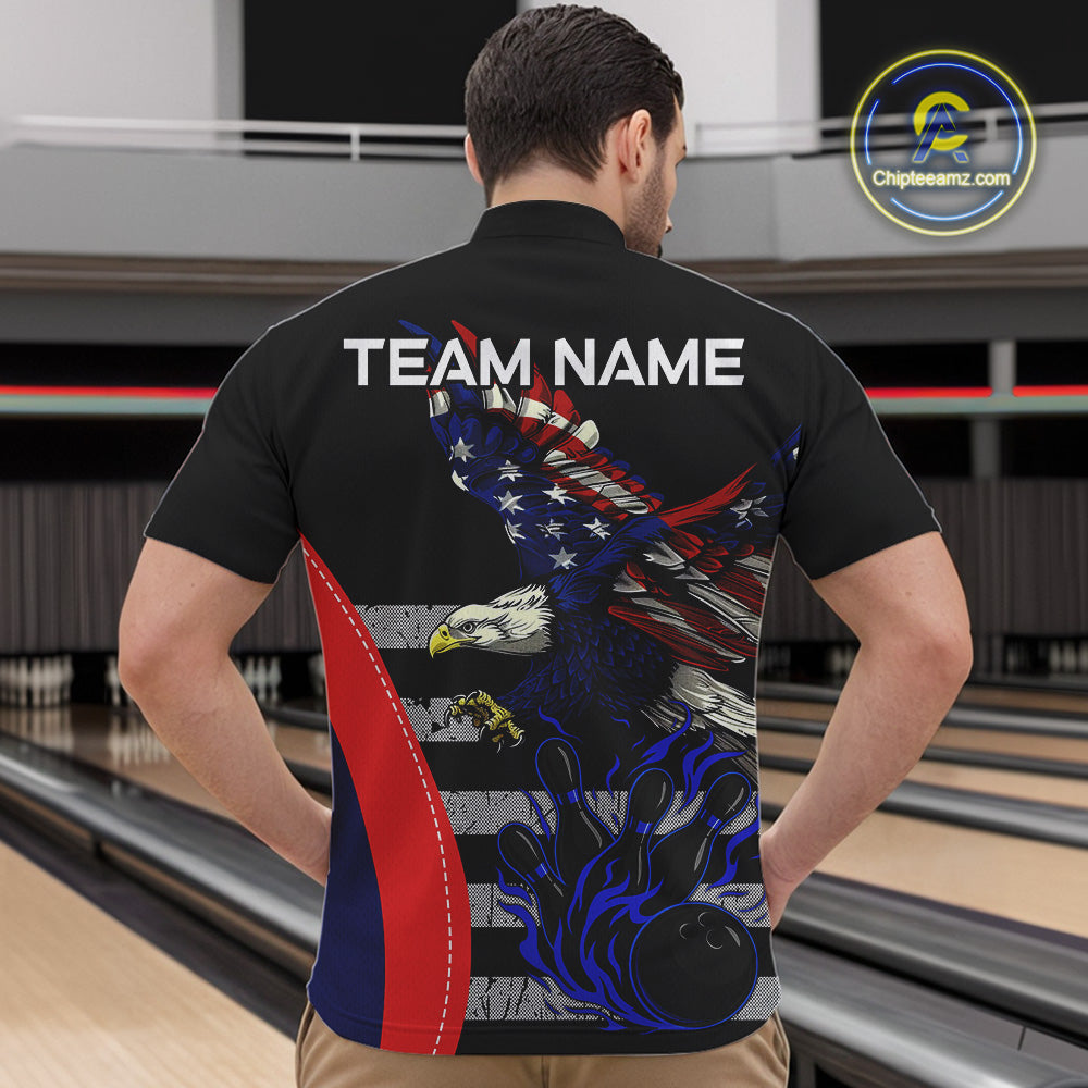 Eagle American Flag Custom Flame Bowling Team Shirts For Men, Patriotic Bowling Uniform NQS9971