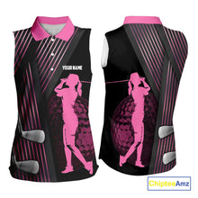 Load image into Gallery viewer, Black and pink Women Sleeveless polo shirt custom golf clubs team golf shirts, golf tops for ladies NQS10117