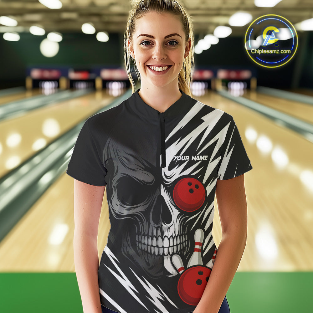 Black and White Skull Bowling Polo, Quarter Zip shirts for Women Custom Skull Team Bowling Jerseys NQS10261