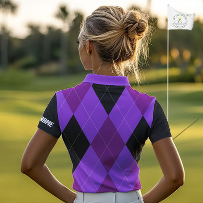 Womens golf polos shirts custom purple and black golf argyle plaid pattern, personalized golf gifts NQS10653