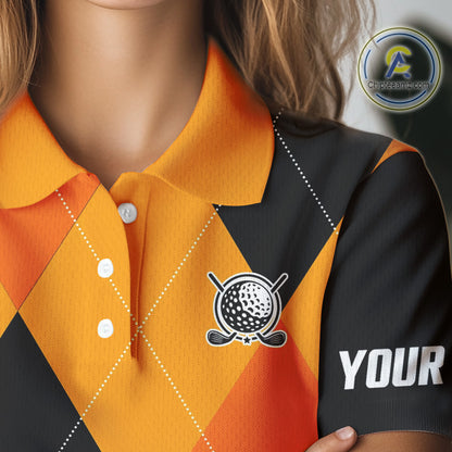 Womens golf polos shirts custom orange and black golf argyle plaid pattern Halloween golf gifts NQS10654