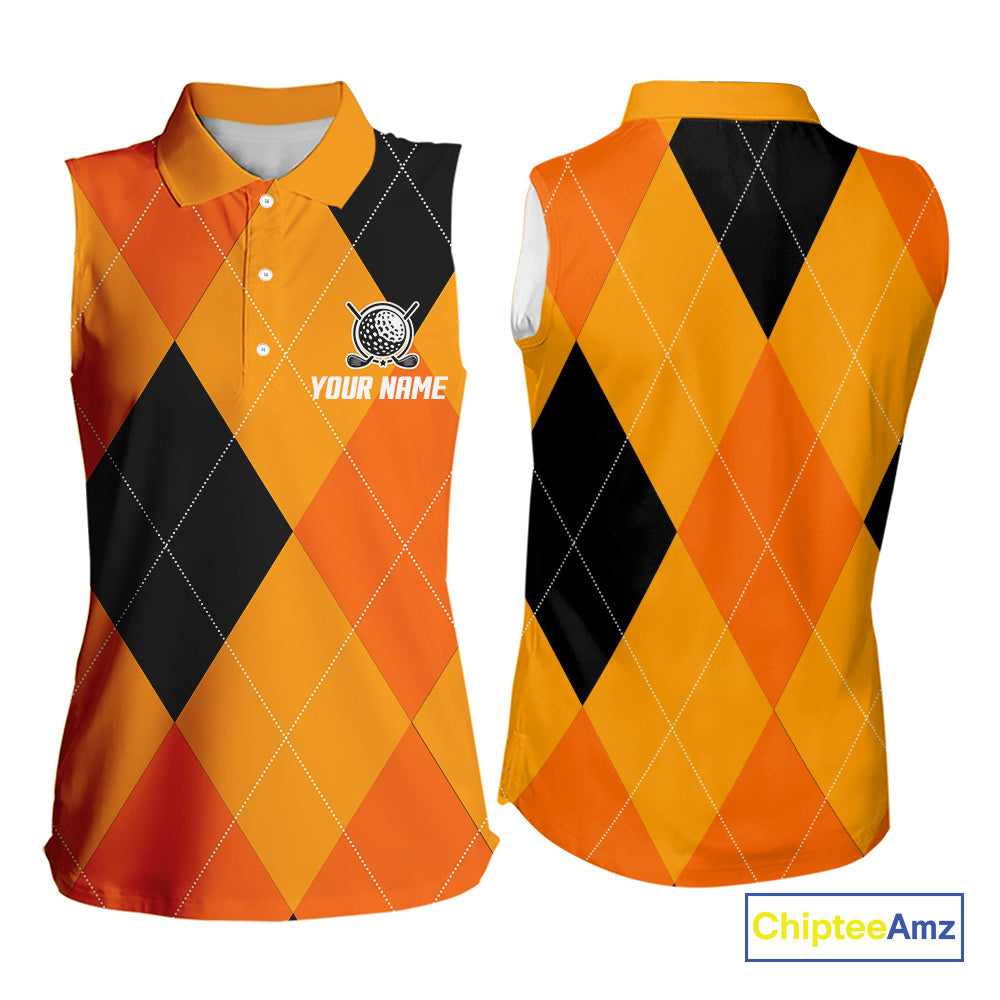 Women Sleeveless Polo Shirt custom orange and black golf argyle plaid pattern Halloween golf gifts NQS10654