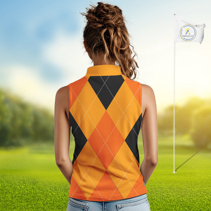 Women Sleeveless Polo Shirt custom orange and black golf argyle plaid pattern Halloween golf gifts NQS10654