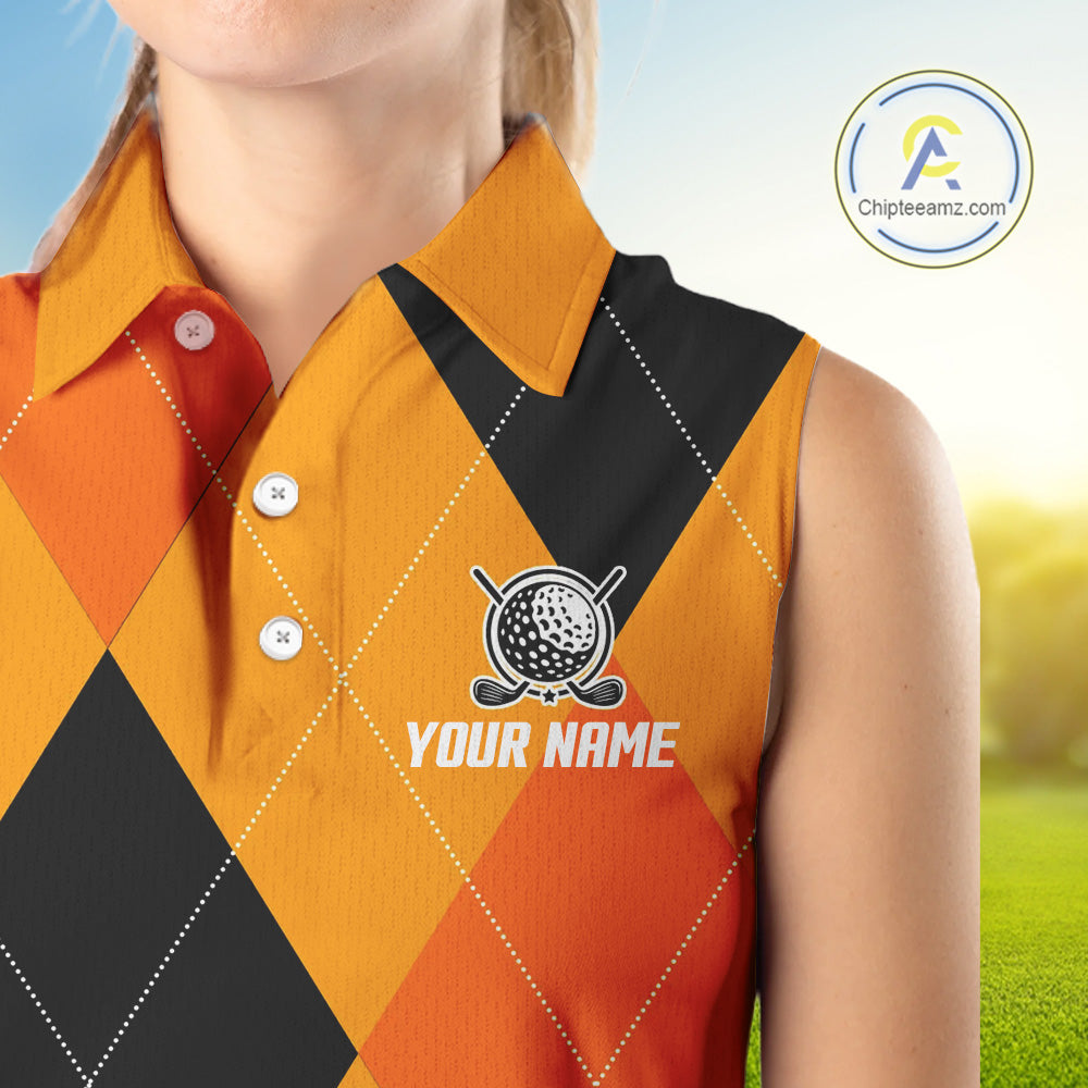 Women Sleeveless Polo Shirt custom orange and black golf argyle plaid pattern Halloween golf gifts NQS10654