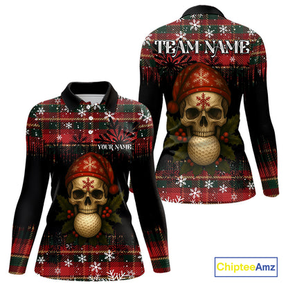 Black and Red Plaid Christmas pattern Skull Women Polo Shirt Custom Ladies Golf outfit, golfing gifts NQS11058