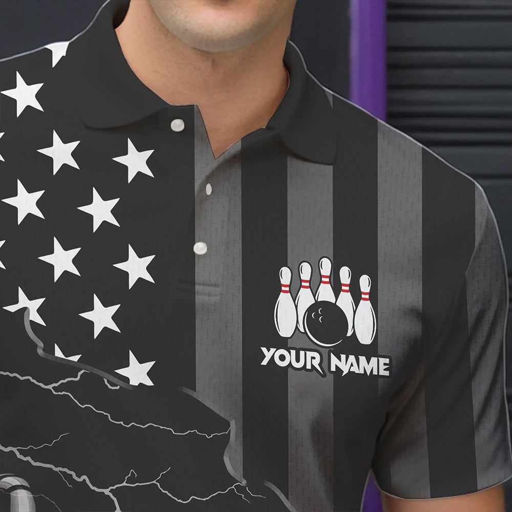Personalized Black American flag Lightning thunder Custom Bowling Team Shirts For Mens Bowling Jersey NQS9538