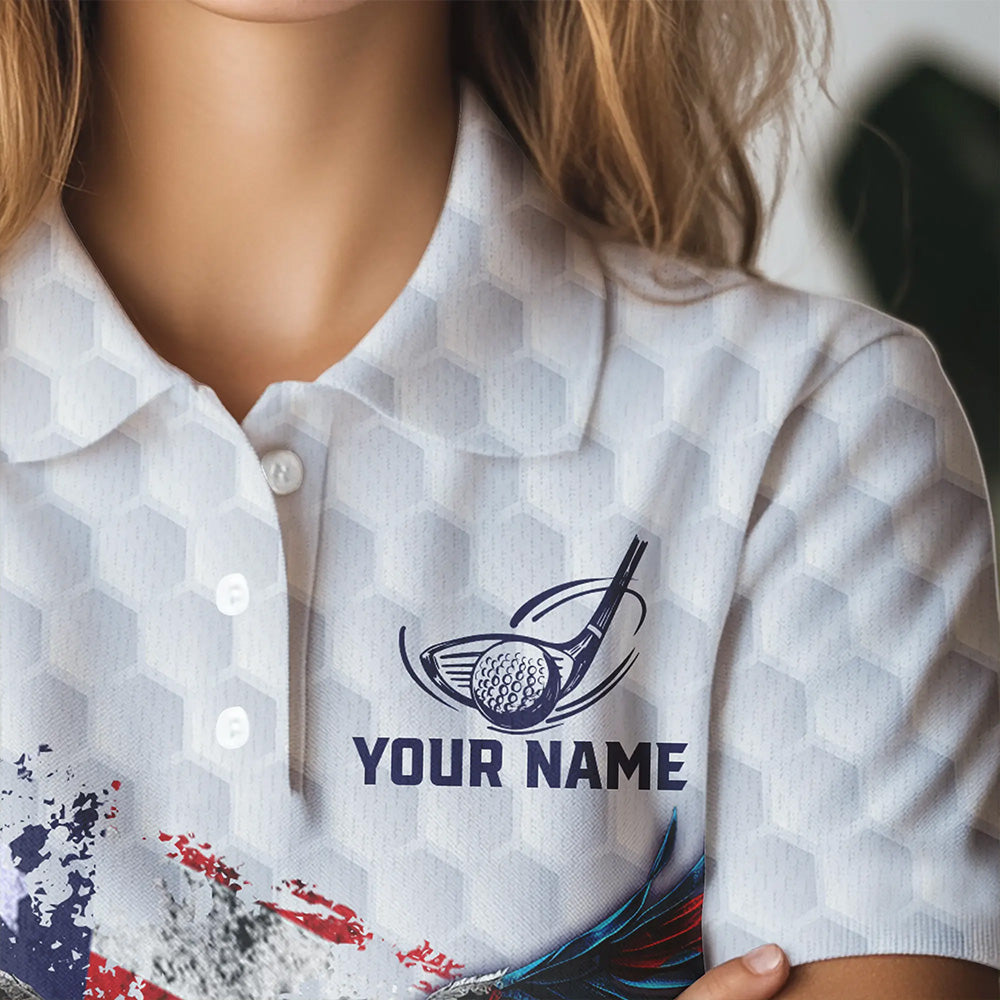 Personalized American Flag Eagle White Women golf polo shirts Custom patriotic golf tops for ladies NQS9541