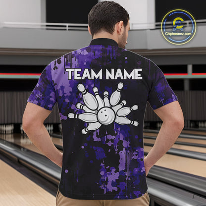 Purple Camo Bowling Polo, Quarter Zip Shirts For Men Custom Bowling Team Jerseys, Gift For Bowlers NQS10455
