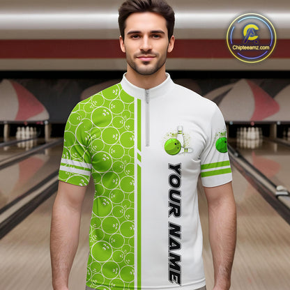 Men Bowling Polo, 1/4 Zip Shirt Custom white & green camo vintage bowling shirts, mens bowling jersey NQS10457
