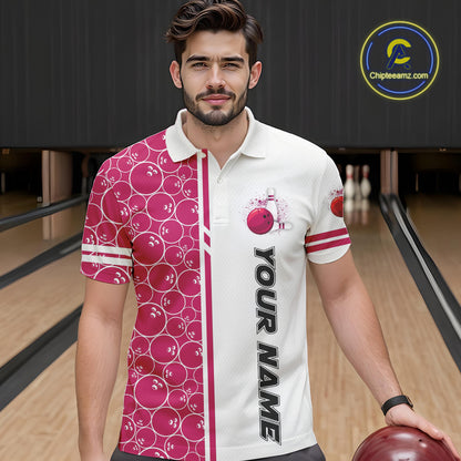Men Bowling Polo, 1/4 Zip Shirt Custom white & pink camo vintage bowling shirts, mens bowling jersey NQS10458