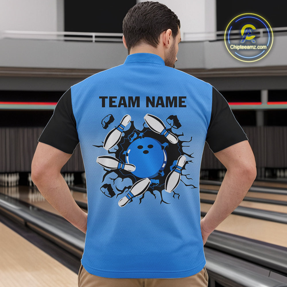 Personalized Black and Blue Retro Bowling Polo, Quarter Zip Team Shirts For Men Custom Bowling Gifts NQS10459