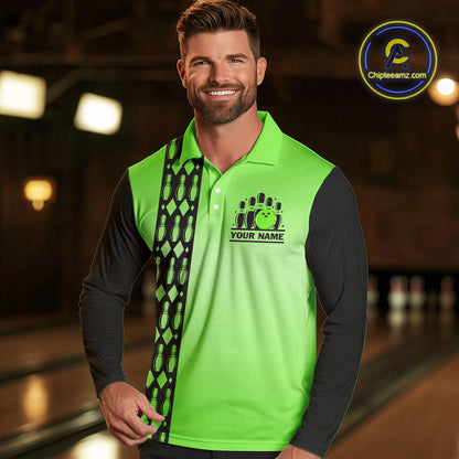 Personalized Black and Green Retro Bowling Polo, Quarter Zip Team Shirts For Men Custom Bowling Gifts NQS10460
