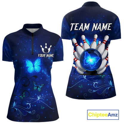 Blue galaxy Butterfly Bowling Polo, Quarter Zip shirts For Women Custom Butterfly Team bowling jersey NQS11268
