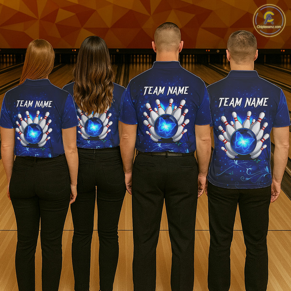 Blue galaxy Butterfly Bowling Polo, Quarter Zip shirts For men Custom Butterfly Team bowling jersey NQS11268