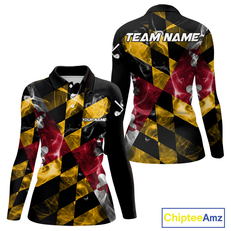 Smoke Maryland Flag Black Golf Polo shirts for Women Custom patriotic Team Ladies Golf Outfit NQS11467