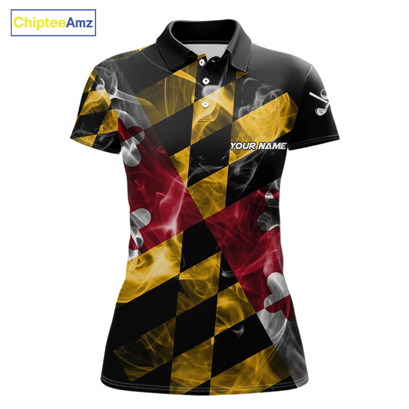 Smoke Maryland Flag Black Golf Polo shirts for Women Custom patriotic Team Ladies Golf Outfit NQS11467