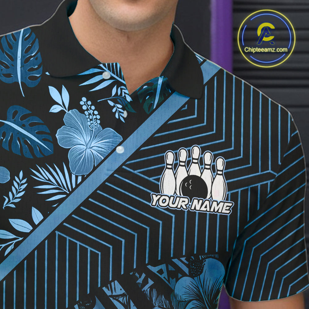 Black and Blue tribal pattern Bowling Polo, 1/4 zip Shirts For Men Custom Team Bowling Jerseys NQS11468