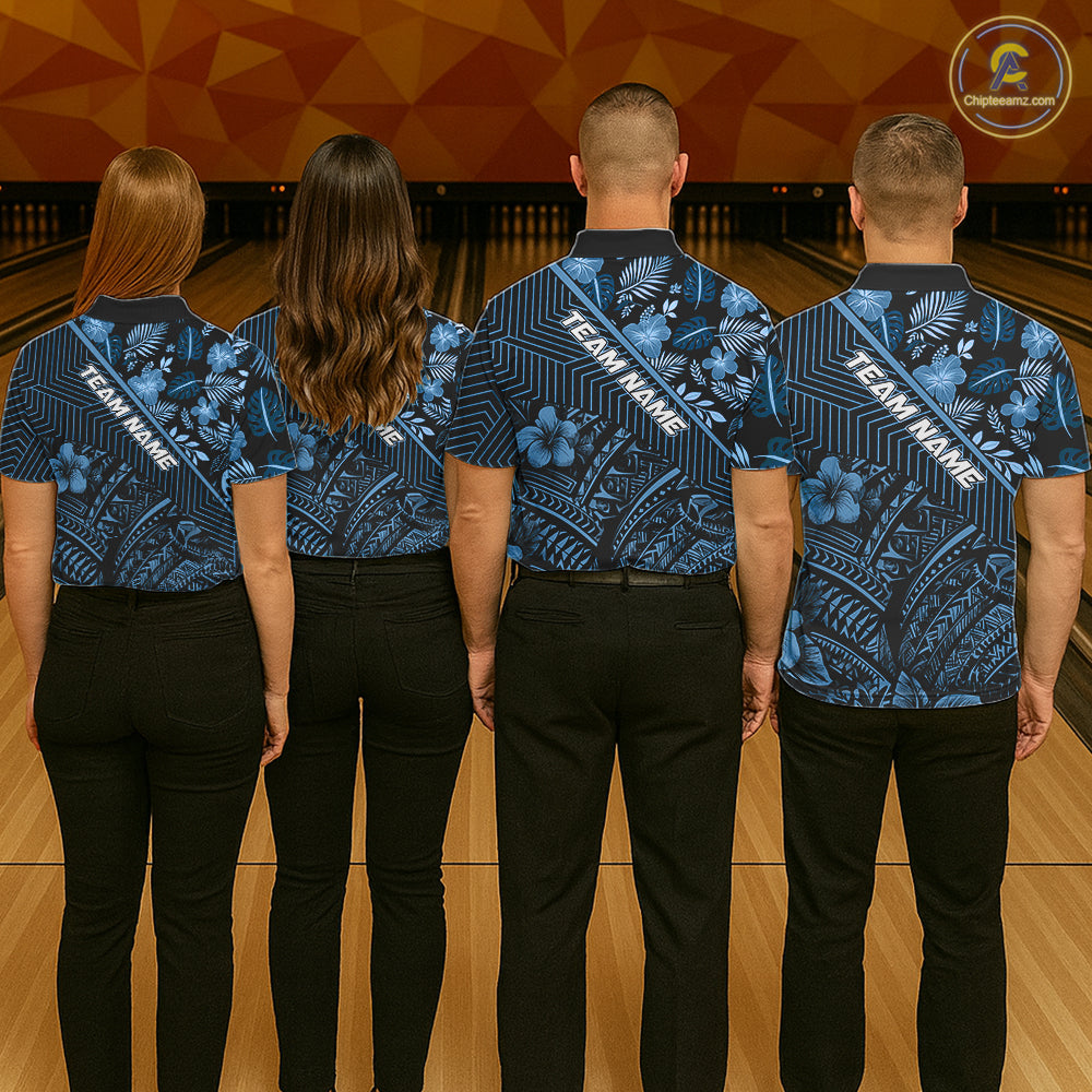 Black and Blue tribal pattern Bowling Polo, 1/4 zip Shirts For Men Custom Team Bowling Jerseys NQS11468
