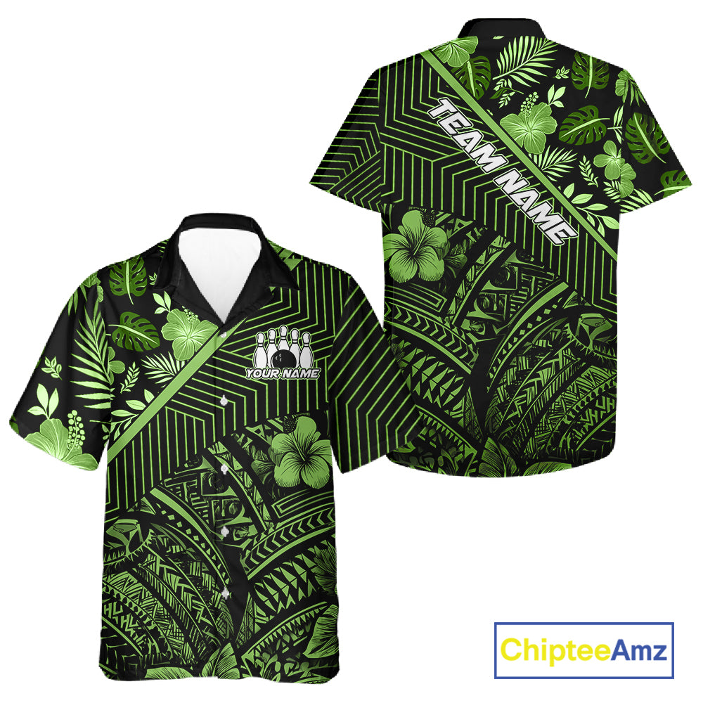 Black and Green tribal pattern tropical Bowling Hawaiian Shirts Custom Team Bowling Jerseys NQS11469