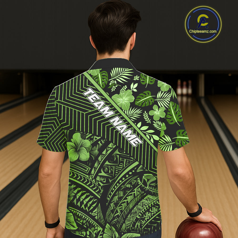 Black and Green tribal pattern tropical Bowling Hawaiian Shirts Custom Team Bowling Jerseys NQS11469