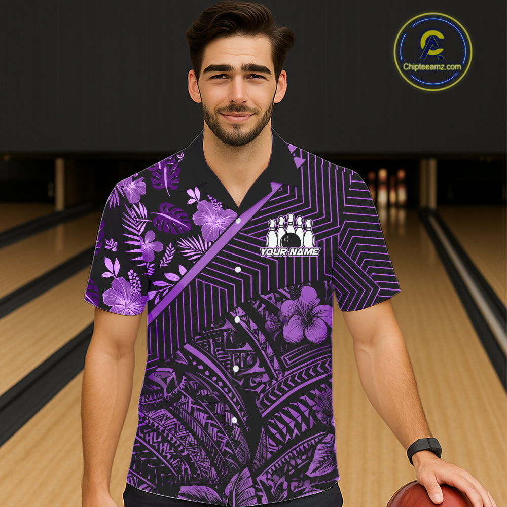 Black and Purple tribal pattern tropical Bowling Hawaiian Shirts Custom Team Bowling Jerseys NQS11470