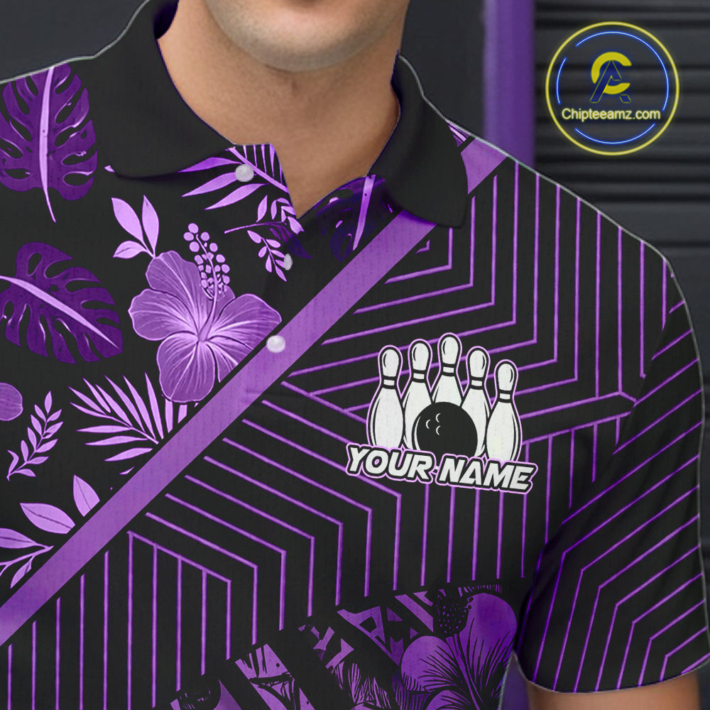 Black and Purple tribal pattern Bowling Polo, 1/4 zip Shirts For Men Custom Team Bowling Jerseys NQS11470
