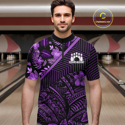 Black and Purple tribal pattern Bowling Polo, 1/4 zip Shirts For Men Custom Team Bowling Jerseys NQS11470