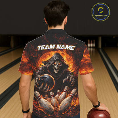 Personalized Skull Hawaiian Bowling Jerseys Custom Black and Orange Bowling Team button up shirt NQS11474