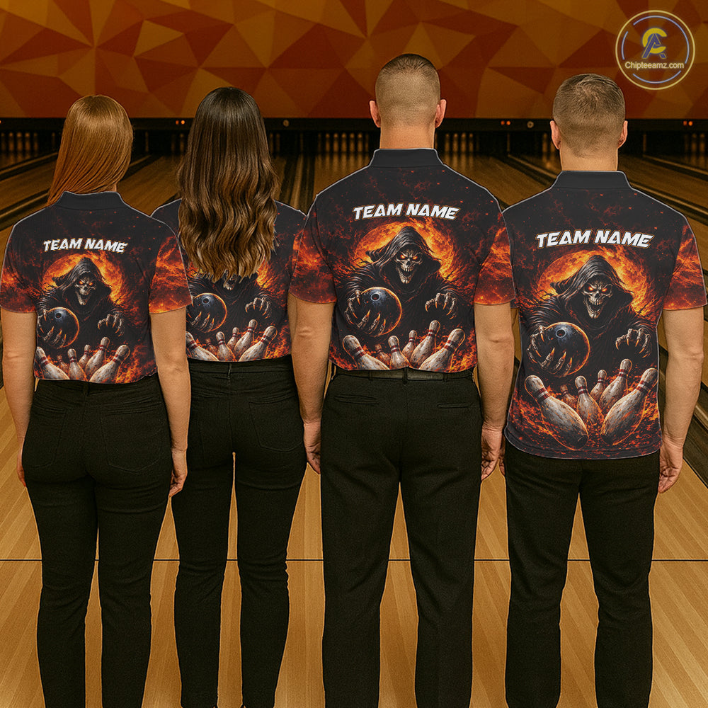Personalized Skull Bowling Polo, 1/4 zip Jerseys for Women Custom Black and Orange Bowling Team shirt NQS11474