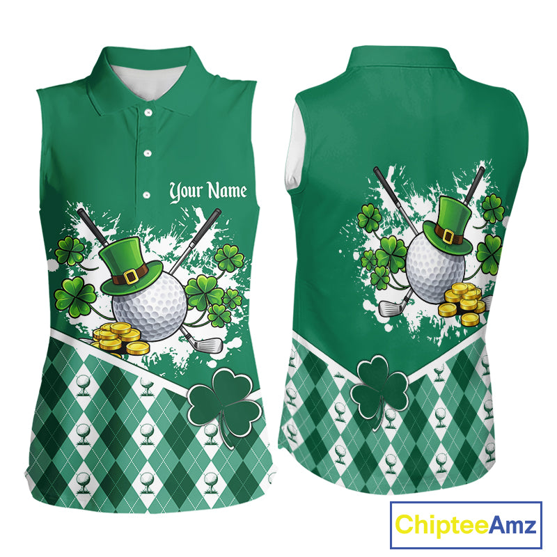 Green argyle pattern St Patrick Sleeveless Golf Polo Golf shirt for Women Custom gifts for the golfer NQS11476