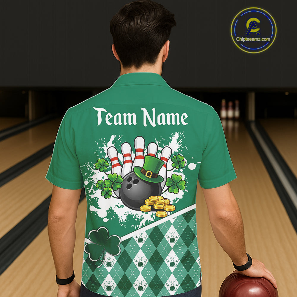 Green argyle pattern St Patrick Hawaiian Bowling Jersey Custom team bowling button up shirt NQS11477