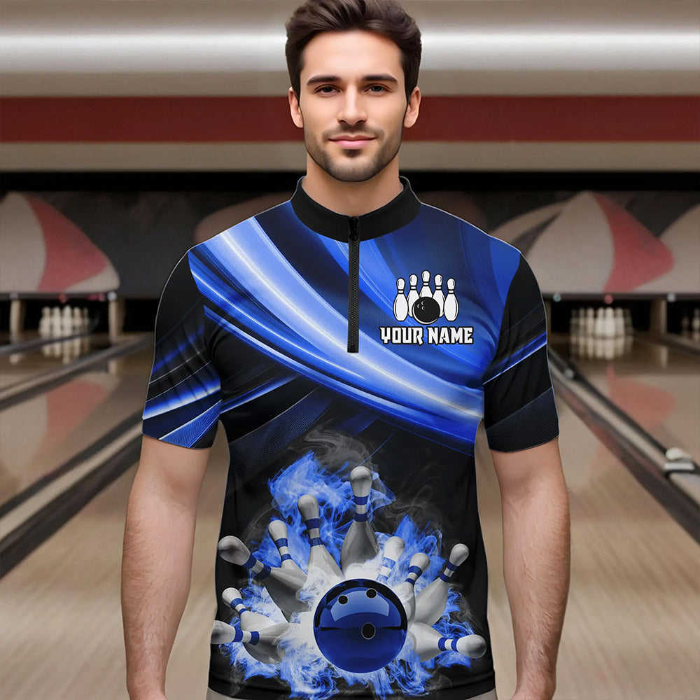 Personalized Black and Blue Smoke Flame Bowling Polo, 1/4 Zip Shirts For Men, cool bowling jerseys NQS9543