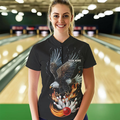Black Women Bowling Polo, 1/4 Zip Shirt Custom Flame Eagle Lightning bowling outfit gifts for bowlers NQS9707