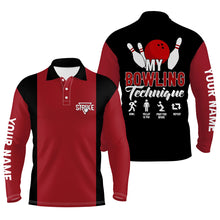 Load image into Gallery viewer, Red black personalized bowling shirt for bowling – custom name design side view