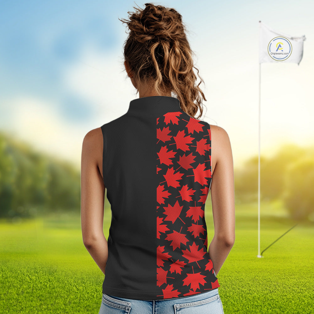 Black and Red maple leaf pattern Women sleeveless polo shirt Custom Canadian Flag patriotic golf top NQS10139