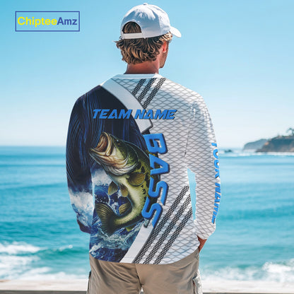 Blue and White Camo Largemouth Bass fishing Custom name sun protection Bass fishing team jerseys NQS9981